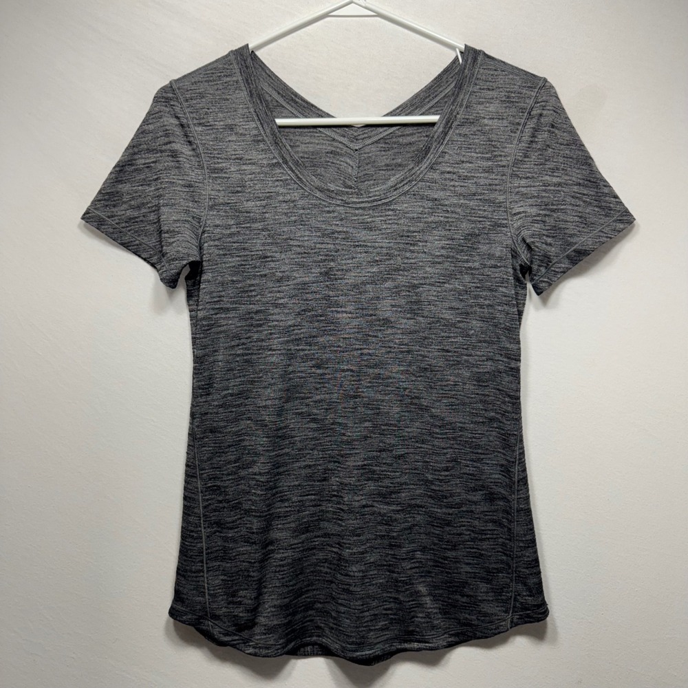 Lululemon Intensi-Tee Heathered Black Short Sleeve Ruched Back Yoga Top, Size 4
